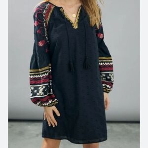 Anthropologie Black and Blue Bishop Sleeve Dress